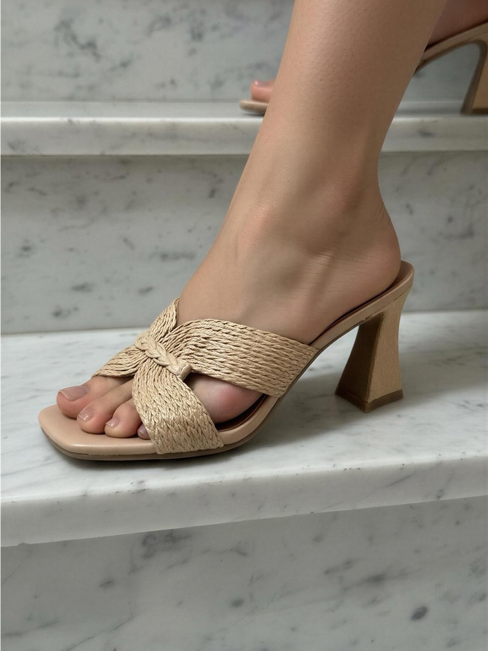 a new day Beige Raffia Braided Strap Block Heel Mules